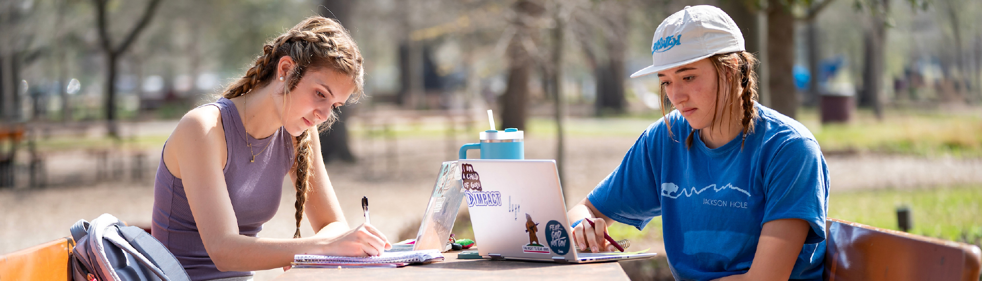 Two students sitting at a table in Aggie Park studying.