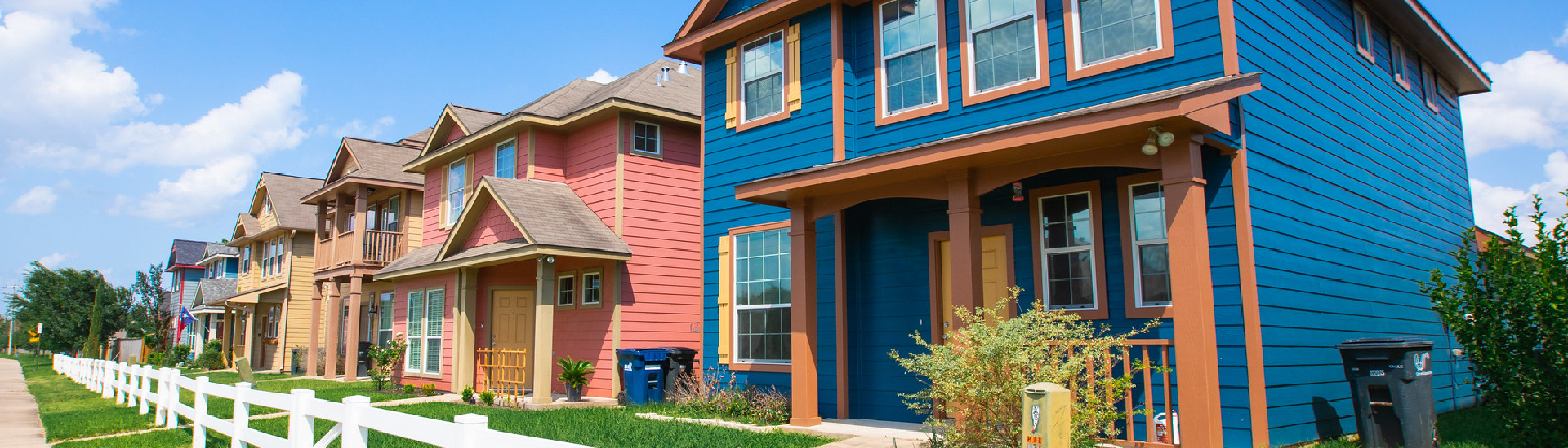 A row of colorful houses in College Station, Texas.