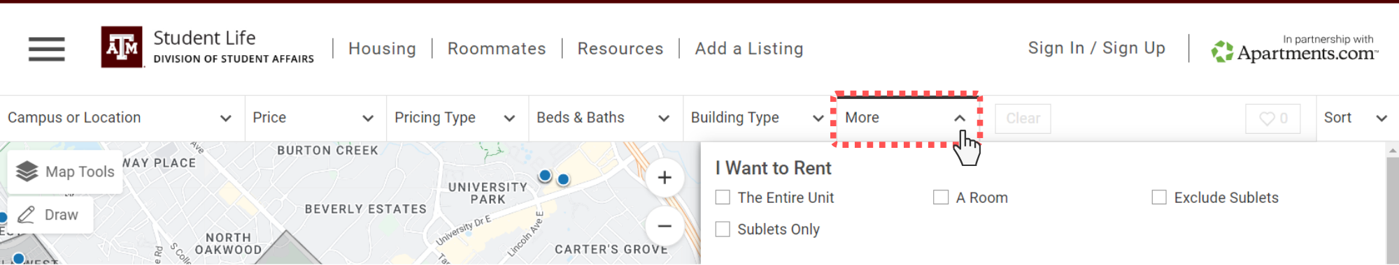 Screenshot of the AggieSearch website, selecting "More" from the navigation menu.