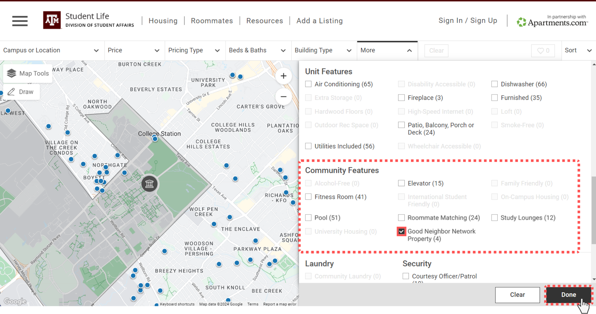 Screenshot of the AggieSearch property filter feature, selecting Good Neighbor Network properties.