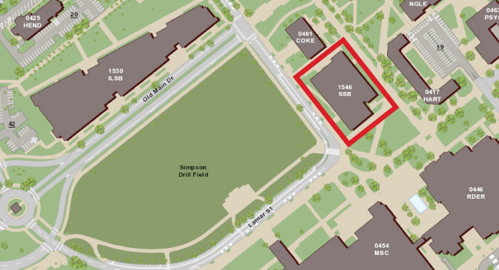 Simple map close up of campus with Simpson Drill Field in the center and the Student Services Building outlined in red.