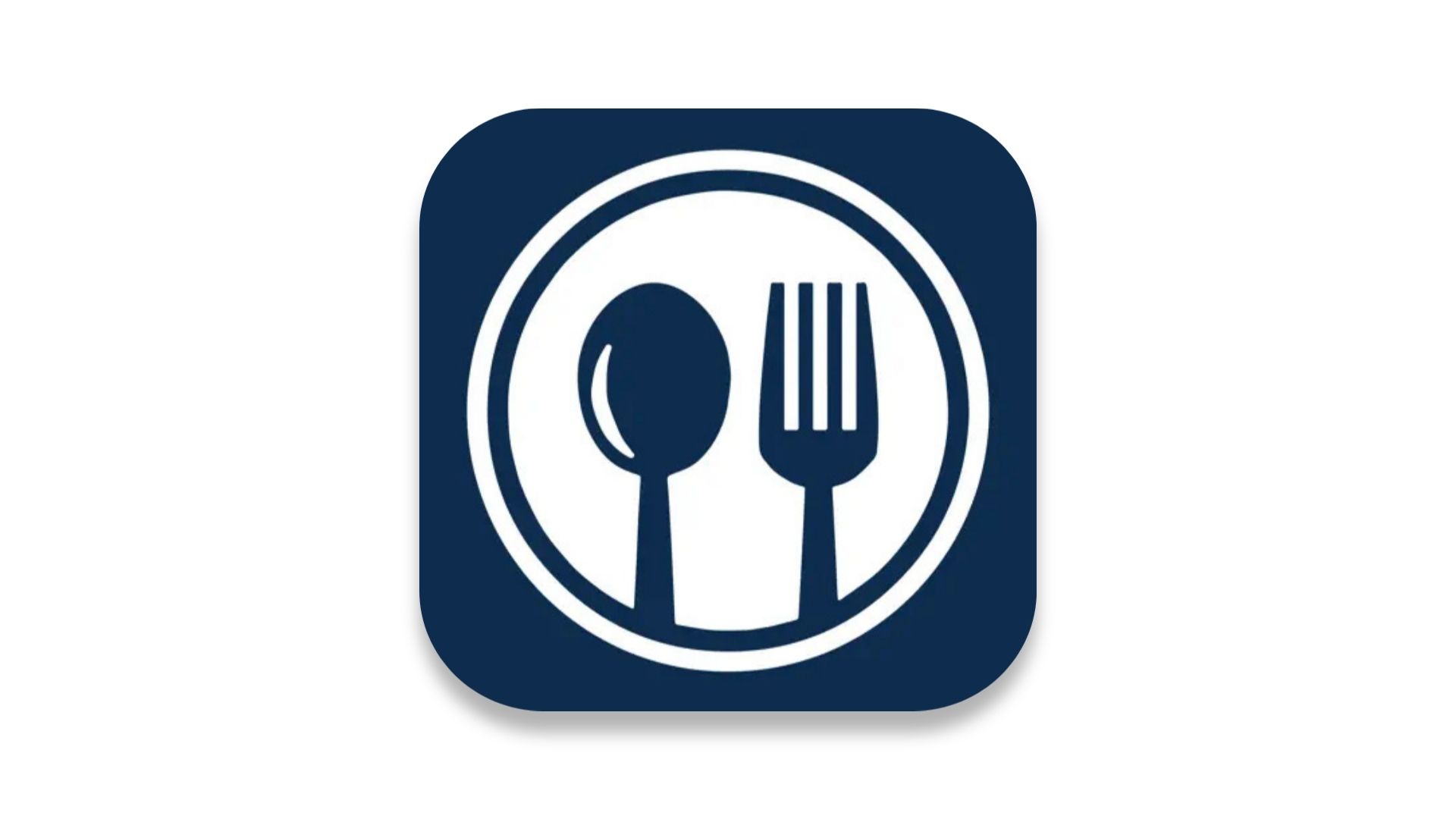 Mobile app icon with spoon and fork on navy blue circular background.